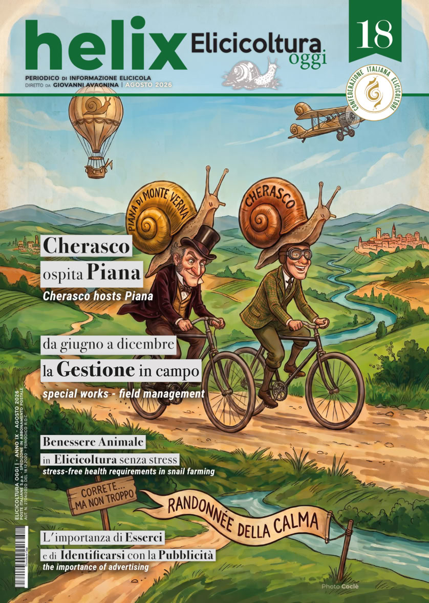Rivista di tecnica e cultura elicicola. È disponibile il Numero 18 di Helix – Elicicoltura Oggi, la rivista ufficiale della Confederazione Italiana Elicicoltori (CIE). Questo numero offre una panoramica chiara e approfondita sullo stato dell'elicicoltura naturale a ciclo completo, unendo indicazioni pratiche di gestione in campo, aggiornamenti normativi fondamentali e analisi di mercato per tutti gli allevatori e gli appassionati del settore.
