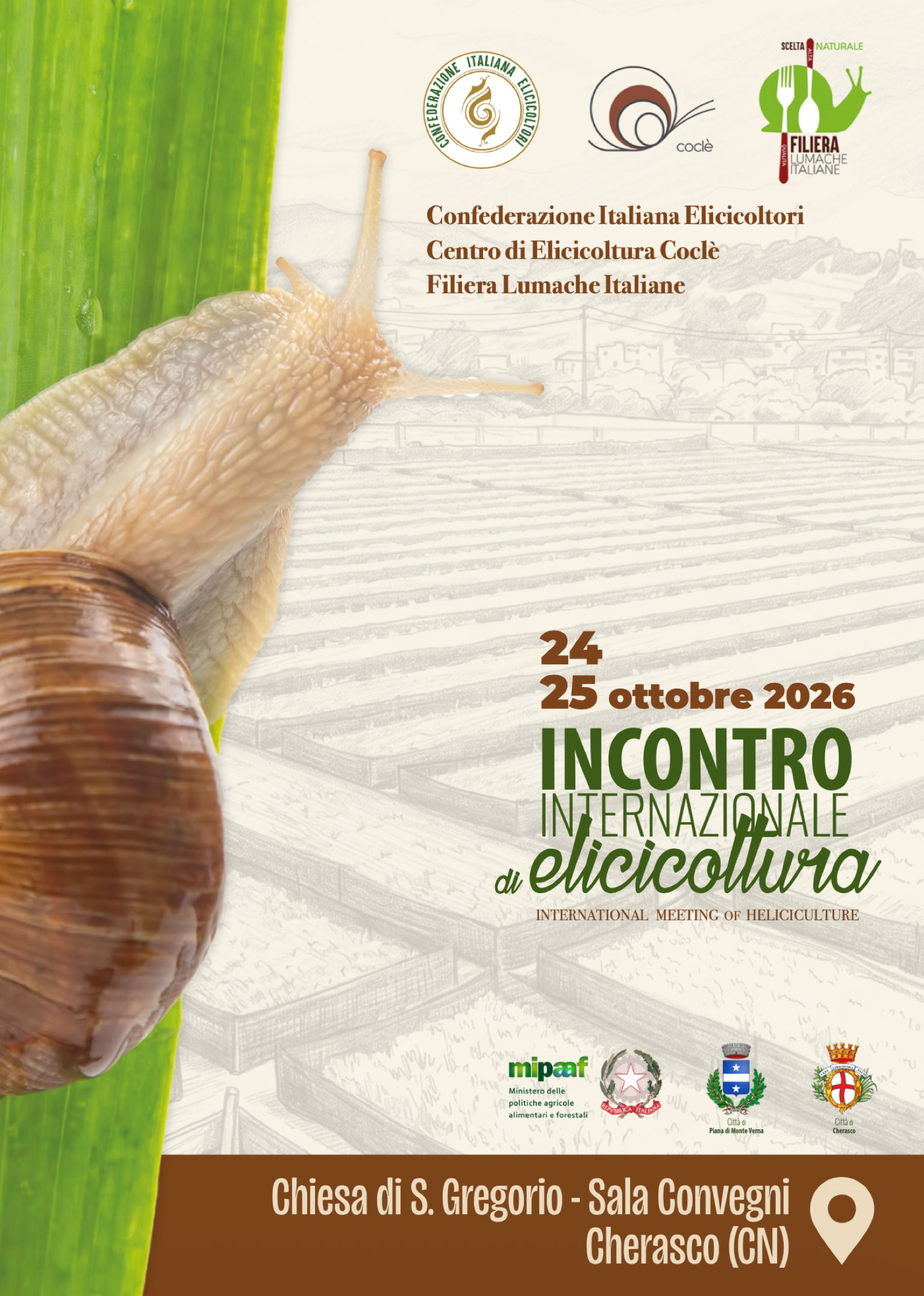 locandina dell'undicesimo Incontro Convegno Internazionale di Elicicoltura a Piana di Monte Verna - Città delle Lumache - 5 e 6 ottobre 2024